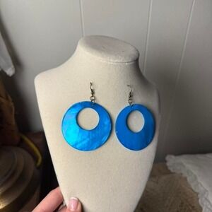 Blue Shell Hoop Earrings Iridescent Mother of Pearl Geometric Statement Drop